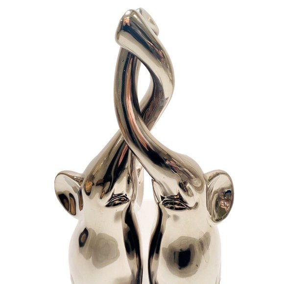 Silver Elephant Figures with Intertwined Trunks, Ceramic Set of 2, Chrome Decor - Picture 3 of 16